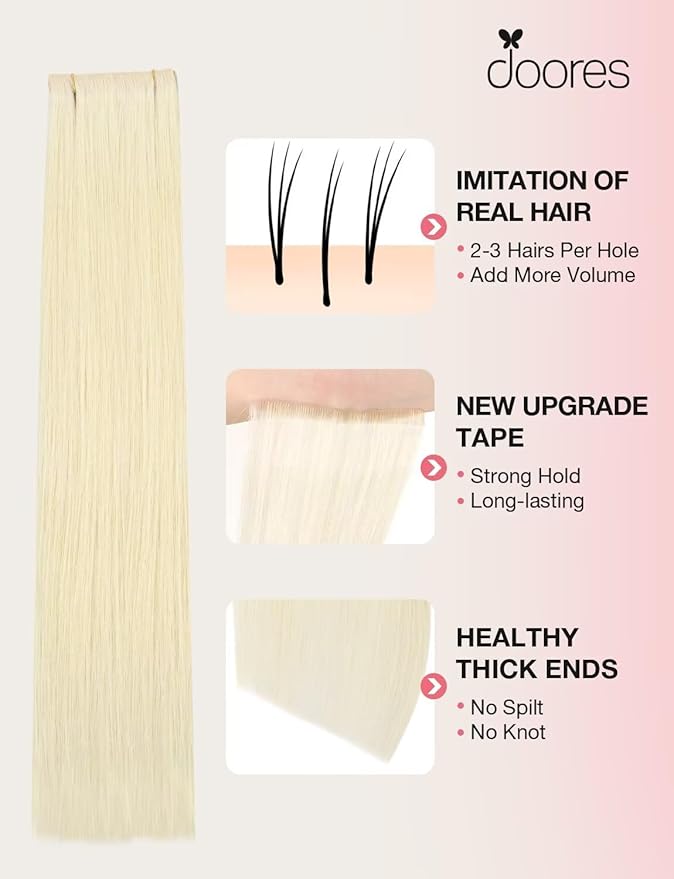 DOORES Invisi Edge Wide Tape in Hair Extensions Real Human Hair, Platinum Blonde 4PCS Injection Tape ins 20g 20 Inch, Invisible Injected 3 Inch Wide Human Extensions Straight