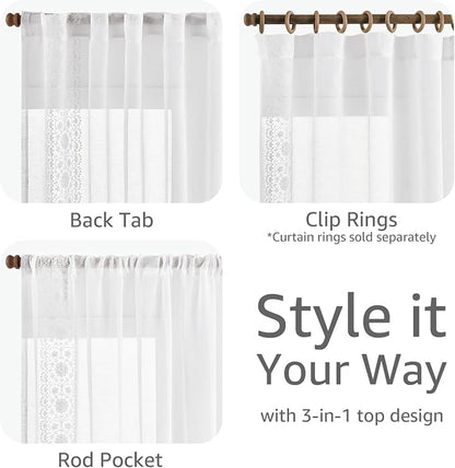 jinchan Floral Sheer Linen Curtains, Back Tab 50x96 Inch, 2 Panels White | Semi - Image 7