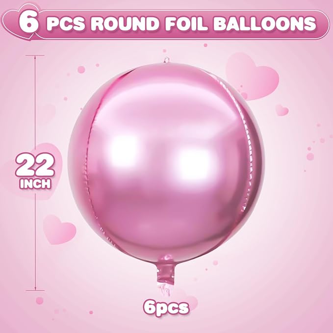 Adorely 6Pcs Pink Round Foil Balloons, Giant 4D Round Ball Balloons, 22 Inch - Image 2
