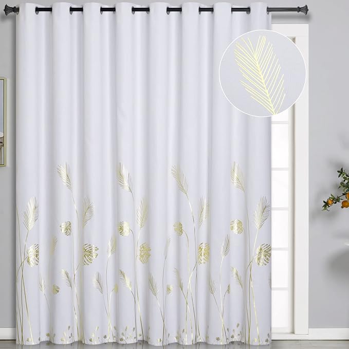 Greyish White Curtain for Dining Room 100W x 108L Inch Elegant Gold Palm Tree by ESTELARTEXTILER