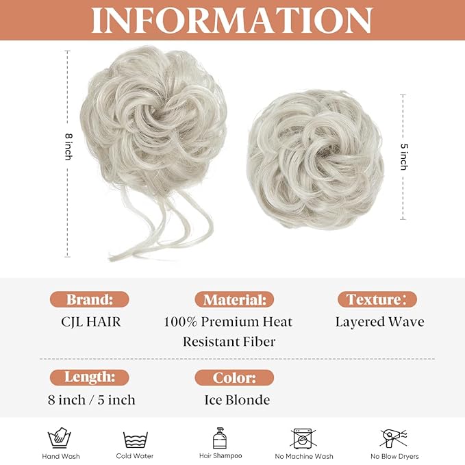 CJL HAIR 2PCS Messy Bun Hair Pieces Wavy Curly Synthetic Updo Chignon Fake Scrunchies Ponytail Extension for Women Ice Blonde