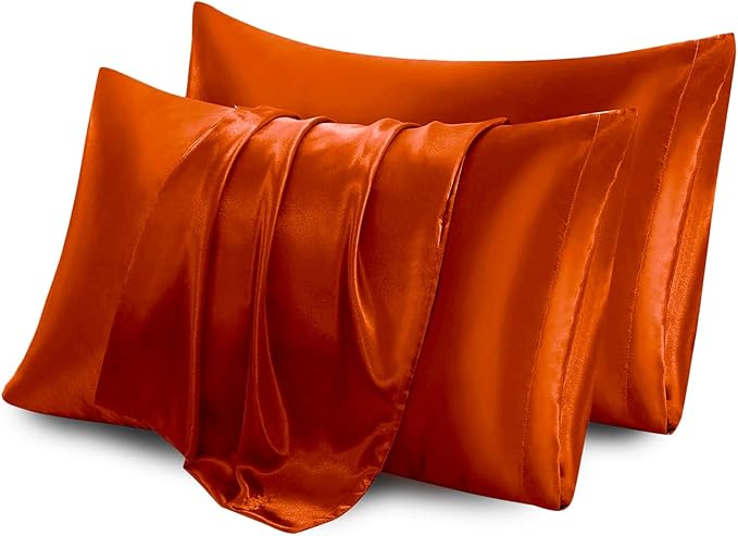Aormenzy Satin Pillow Cases for Women Standard Size Set of 2, Burnt Orange Satin Pillowcase for Hair with Envelope Closure Silky Pillow Covers Wrinkle, Fade Resistant (20x26 Inches)