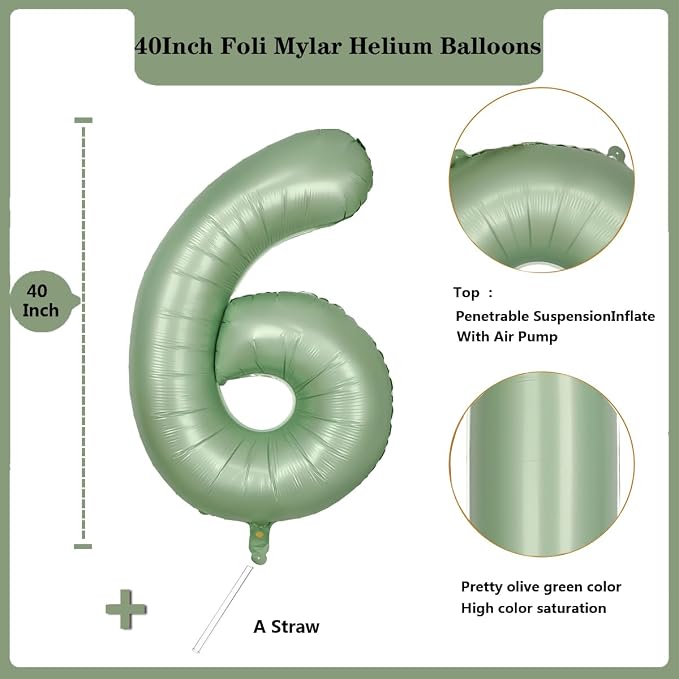 40 Inch Green Number 6 Balloon Olive Green Foil Balloons Sage Green 6 Balloons - Image 2