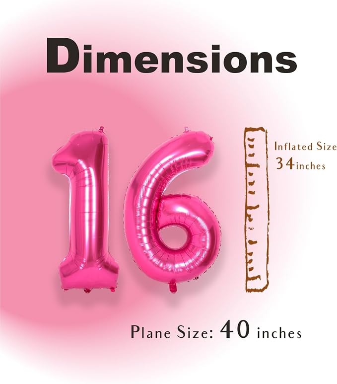 SUWEN 40 Inch Hot Pink Large 16 Number Balloons Big Foil Helium Number Balloons - Image 4