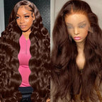abbildung 28inch Chocolate Brown Lace Front Wig Human Hair 13x6 HD Transparent Body Wave Lace Front Wigs Human Hair Pre Plucked Glueless Frontal Brown Wig Human Hair 180% Density #4