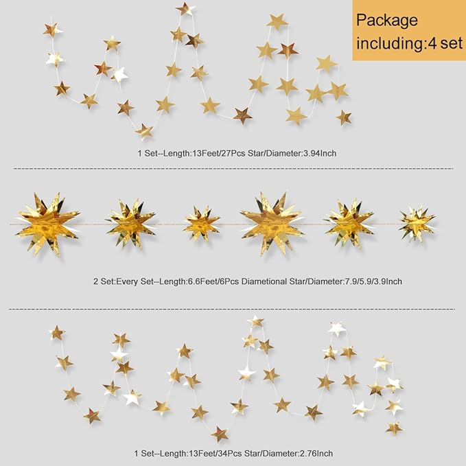 pinkblume Gold Party Decorations Star Garlands Streamer Gold 3D Stars Metallic - Image 2