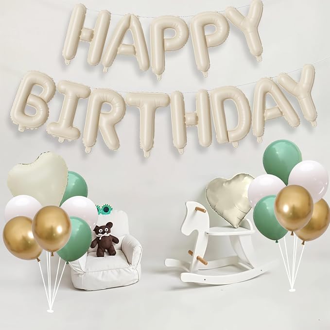 Happy Birthday Balloon Banner Cream Green, 16 Inch Beige Mylar Letters Heart - Image 3
