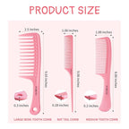 Hair Comb 3-in-1 Plastic Hair Comb Set For Women, Men - Wide Tooth, Rat Tail, and Regular Tooth Detangling Hair Combs for All Hair Types-Pink