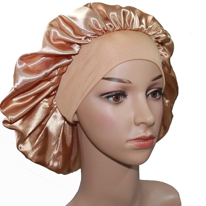 VEYRNEIC Hair Satin Bonnet for Sleeping Shower Caps Silk Chemo Caps with Wide Elastic Band Night Sleep Cap Bonnets for Black Women Braids with Satin Storage Bag (Gold)