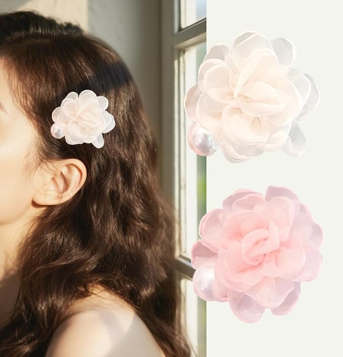 13PCS Mixed Floral Hair Clip Set - 3 Camellia Claws (Pink/Blue/White), 2 Pink-Green Tulle Clips, 6 Flower Barrettes (Heart/Star), 2 Pearl Mesh Clips, Claw Clip Accessories For women/girls