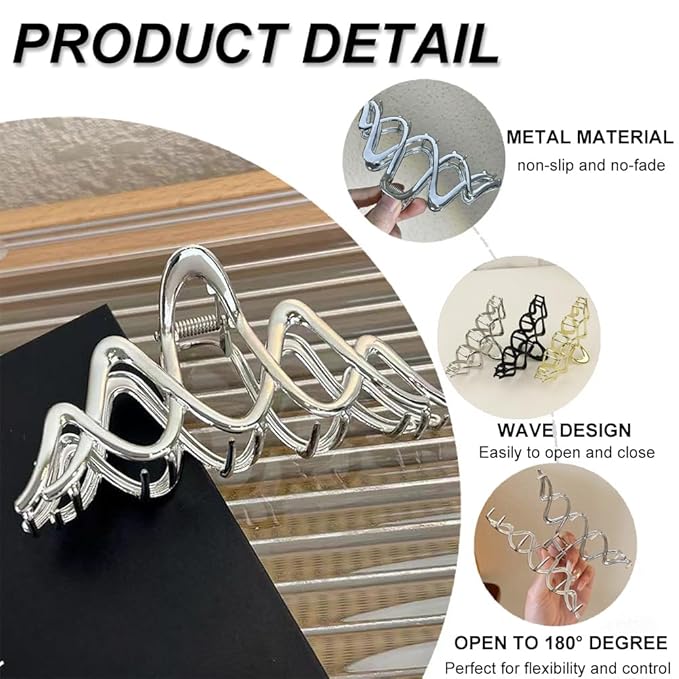 Metal Wave Hair Clips - Fashion Hair Accessories Claw Clips Durable Hair Clips With Wavy Grid Design Large Strong Hold Hairgrip Hair Barrette Non Slips Hair Jaw Clips for Women Thick or Long Hairs