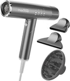 Hair Dryer, High-Speed Brushless Motor Ionic, Foldable and Portable 9Modes One Touch Switch with 1Diffuser, 1Nozzle and 1Concentrator Attachment for Home, Travel, Grey