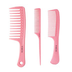 Hair Comb 3-in-1 Plastic Hair Comb Set For Women, Men - Wide Tooth, Rat Tail, and Regular Tooth Detangling Hair Combs for All Hair Types-Pink