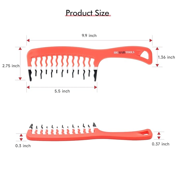 Big Hair Tools Extra Large Wide Tooth Comb for Thick, Curly, Wavy or Long Hair - Frizz-Free Detangling Shower Comb - Orange