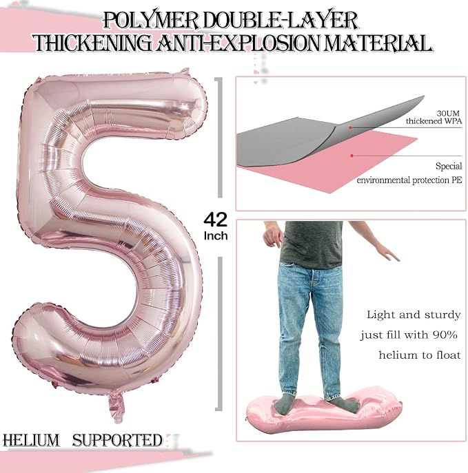 2 Pcs 42 Inch Rose Gold Foil Balloons Number 5, Huge Number Balloons - Image 2