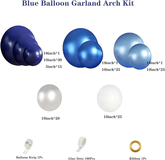 Blue White Silver Balloon Garland Arch Kit, 143 Pieces Navy Light Metallic Blue - Image 2