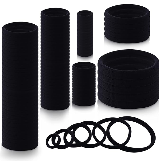 100PCS Various Sizes Black Hair Ties for Women,Elastics Hair Ties No Damage Ponytail Holder for Thick/Thin Hair Accessories,Soft Cotton Cloth Seamless Hair Bands