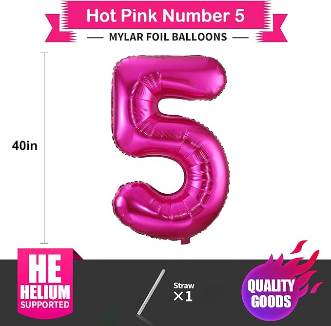 5 Balloon Number Hot Pink 5 Birthday Balloon 40 inch Foil Mylar Large 5 Balloon - Image 2
