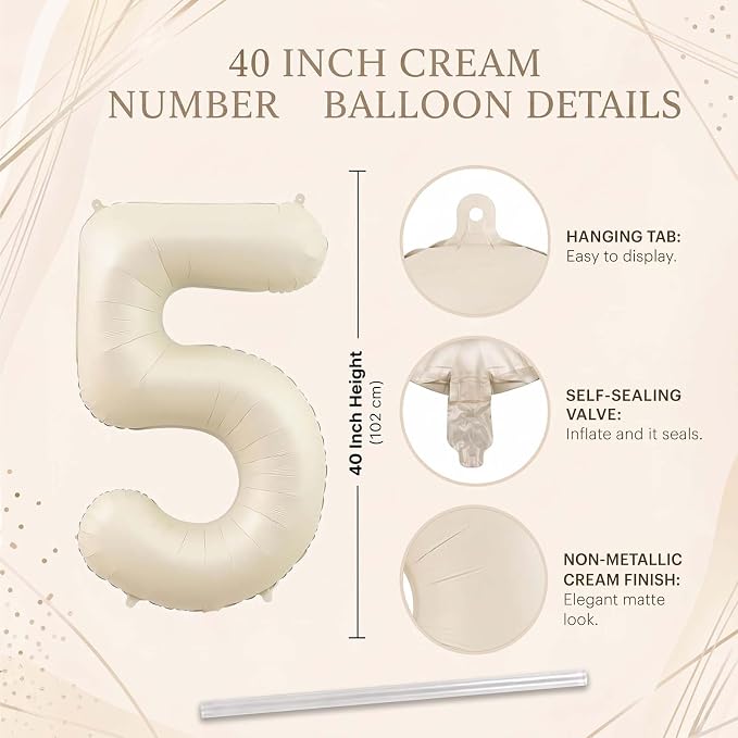 Cream Number 5 Balloon 40 Inch, Foil Numeral - Image 4