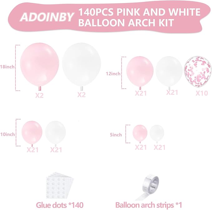 Pink and White Balloon Arch Kit, ADOINBY 140Pcs Macaron Pink Balloon Matte - Image 2