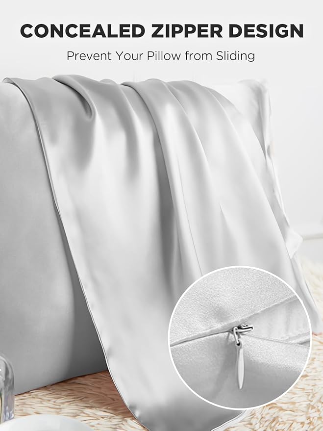 Mulberry Silk Pillowcase for Hair and Skin, SGMSILK 22 Momme Natural Silk Pillow Cases with Zipper, 6A Soft and Smooth Single Sided Pure Silk Pillow Cover (Light Gray, Queen 20"x30")