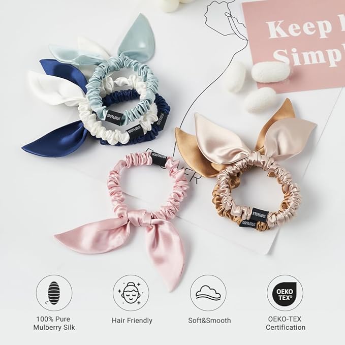 THXSILK Hair Silk Scrunchies with Bow for Women Pure Mulberry Silk Hair Cute Ring Ties Scrunchies for Girls Women's Thick Hair, Metallic Gold, 2.8"
