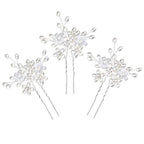 Elegant Pearl Wedding Hair Pins, Bendable Floral Crystal Hair Accessories for Bridal Women, Pack of 3 (Silver)