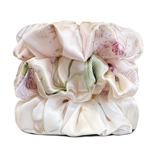 Suncdelv Silk,100% Silk Scrunchies for Hair,22 Momme Hair Ties for Anti-Crease & Breakage,Natural Women Hair Accessories，Fashion Hairbands 3PCS（Flower）