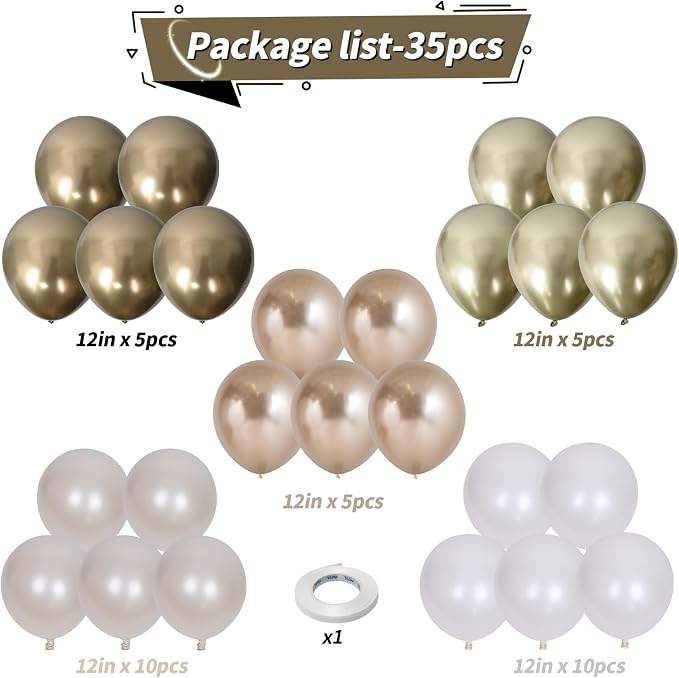 Champagne Gold and White Balloons, 12 Inch Double Stuffed Pearl White Sand Gold - Image 2