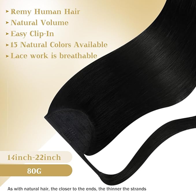 Ve Sunny Hair Extensions Ponytail Real Human Hair 80G Wrap Around Clip in Ponytail Hair Extensions Straight Extensions Human Hair for Women Jet Black 14inch