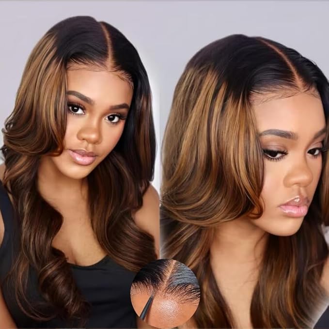 KLAIYI Bye Bye Knots Glueless Wig Ombre Brown Body Wave Pre Cut 7x5 Lace Front Wigs Human Hair Pre Plucked Pre Bleached Pre Everything Wear and Go Wig 12A Highlight Balayage 30S Ready To Go 18Inch