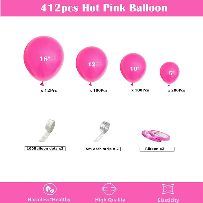 412pcs Hot Pink Balloon Garland Arch Kit 18 12 10 5 Inch Different Sizes Matte - Image 2