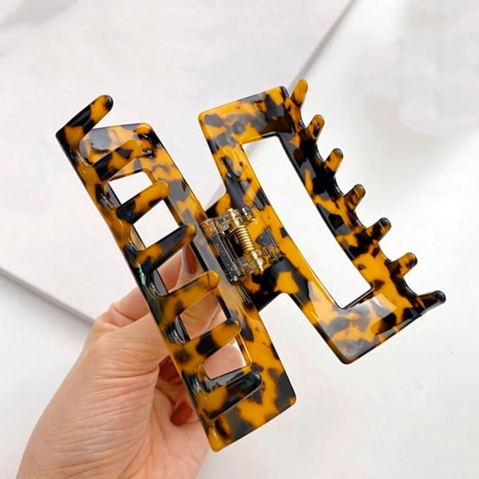 Large Hair Claw Clips Big Cutout Tortoise Shell Celluloid Hair Jaw Clips 4.1inch French Design Rectangle Hair Clamp for Women Ladies
