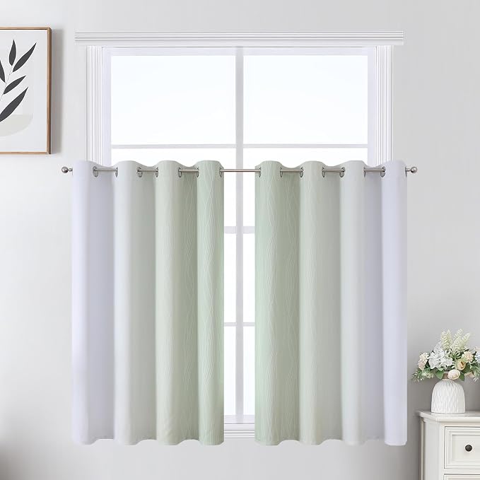 Sage Green and Greyish White Ombre Short Blackout Cafe Curtains 36 Inch Length - Image 2