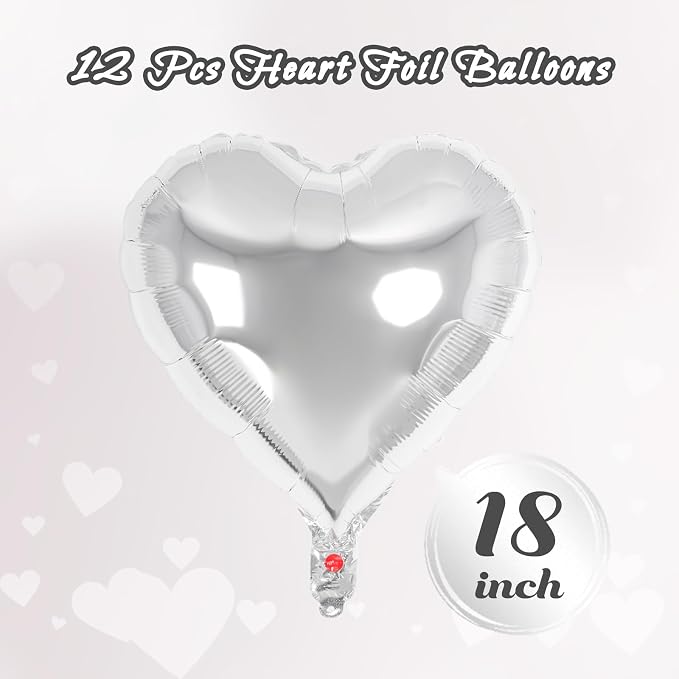 12 Pcs Silver Heart Balloons, 18 Inch Heart Foil Balloons Love Balloon - Image 2