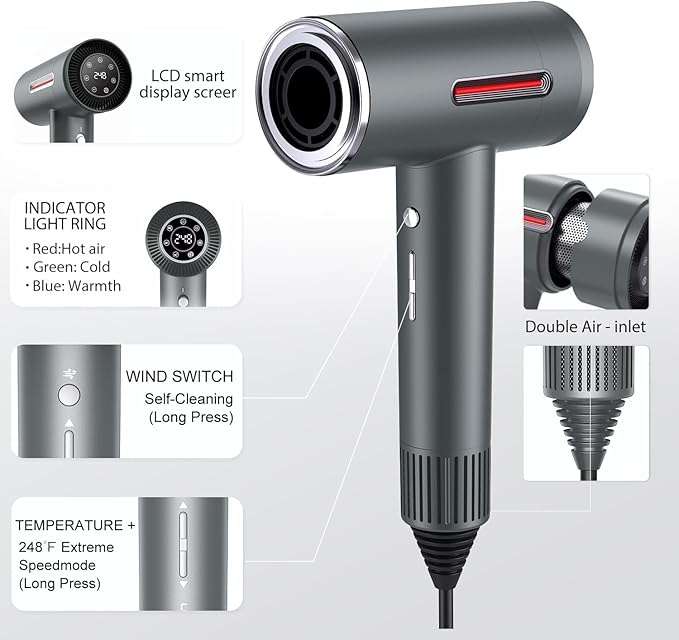 Hair Dryer, 180000 RPM High-Speed Brushless Motor, 1 Min Fast Drying & No Heat Damage, 600 Million Negative Ions with Concentrator & Diffuser, Salon-Level 7 Temp / 3 Speed, HD Digital Screen,Gunmetal