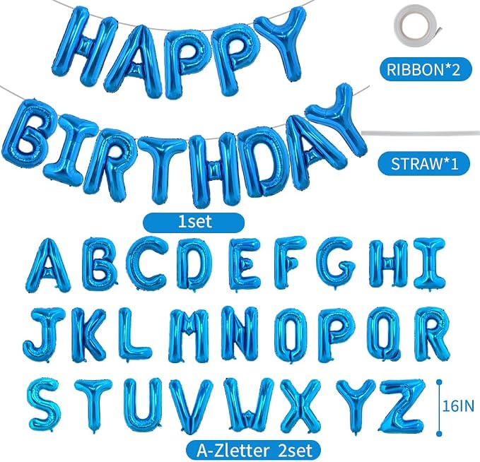 TONIFUL 65 Pcs 16 Inch Blue Happy Birthday Balloons and 2 Sets A-Z Foil Letters - Image 2