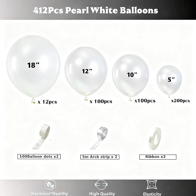 412pcs Pearl White Balloons Different Sizes 18 12 10 5 Inch - Image 2