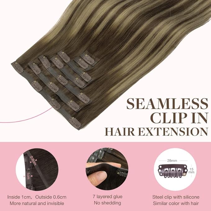 GOO GOO Clip in Hair Extensions Real Human Hair, Remy Human Hair Extensions Clip ins for Women, Natural Human Hair, 16inch 110g 7Pcs, 4/26/4 Balayage Chocolate Brown to Honey Blonde