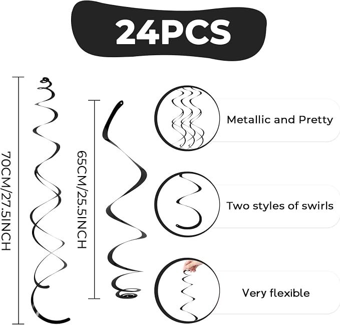 24 PCS Black Hanging Swirl, Sparkle Ceiling Hanging Decorations, Plastic - Image 6