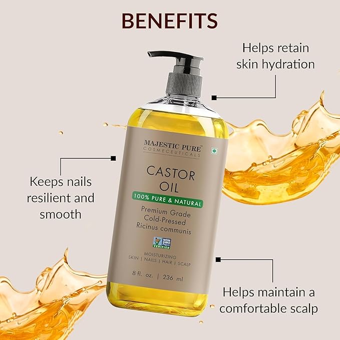 Majestic Pure Castor Oil - 100% Pure & Natural - Premium Grade, Cold Pressed, Hexane Free - Hair, Eyelashes, Eyebrows, Nails - Moisturizing & Nourishing - 8 Fl Oz