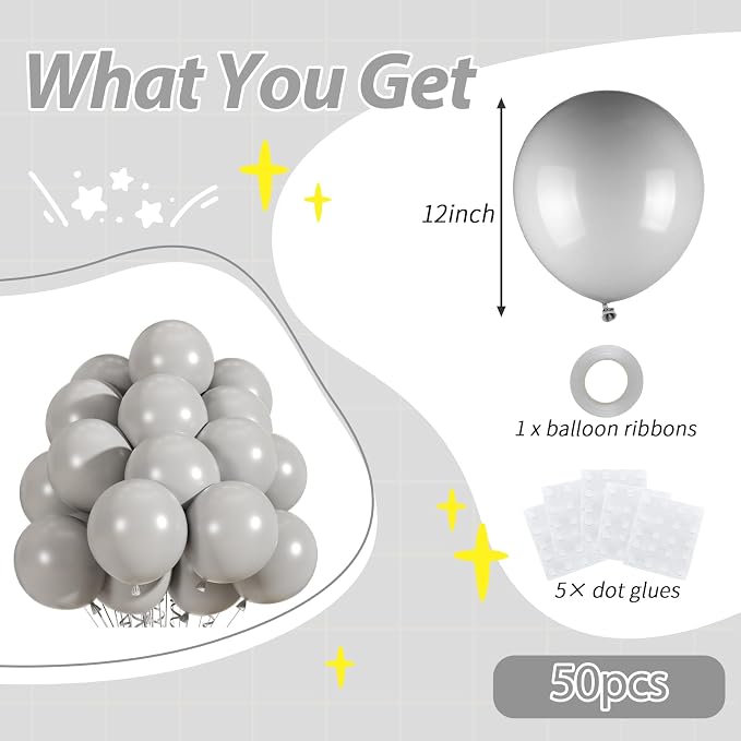 50pcs Gray Balloons, 12inch Matte Grey Balloons - Image 2