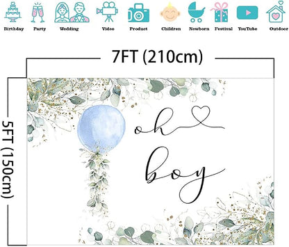 Mocsicka Greenery Oh Boy Baby Shower Backdrop 7x5ft | Blue Balloon, Botanical - Image 3