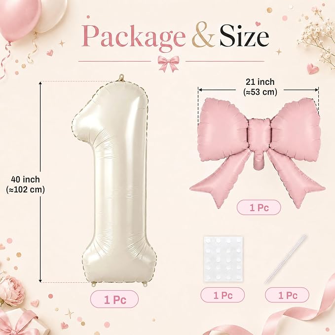 40 Inch Cream Number 1 with Pink Bow Balloon - Image 2