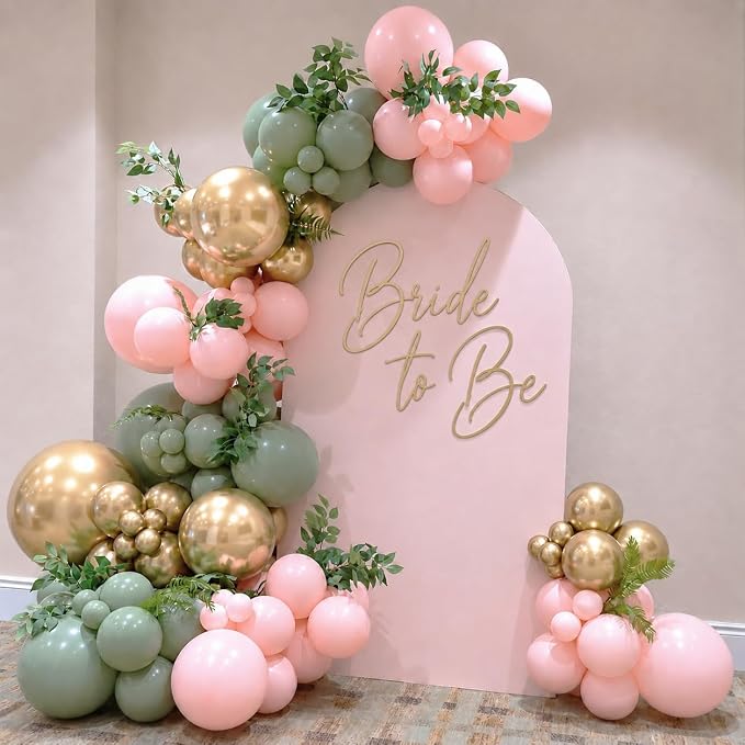 Pink and Green Balloons, 12 Inch Sage Green and Light Pink Gold White Balloons - Image 3