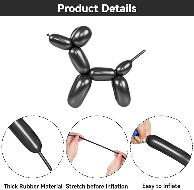 Metallic Black Long Balloons Premium 260 Twisting Animals Magic Balloons - Image 3
