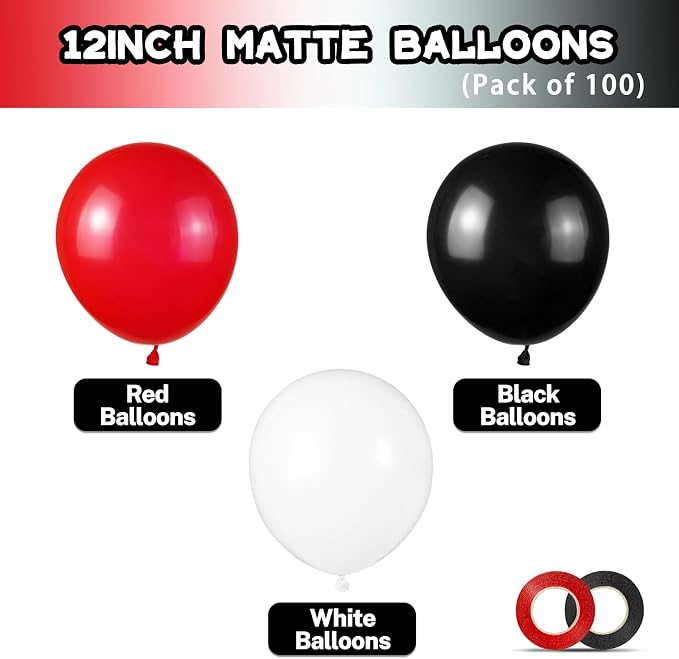Red and Black Balloons 100Pack 12 inch Matte Black Red and White Latex Balloon - Image 2