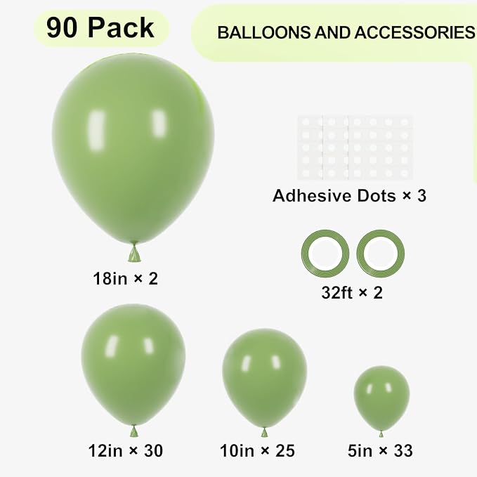 Voircoloria 90pcs Sage Green Balloons Garland Arch Kit, 18 12 10 5 Inch | - Image 2