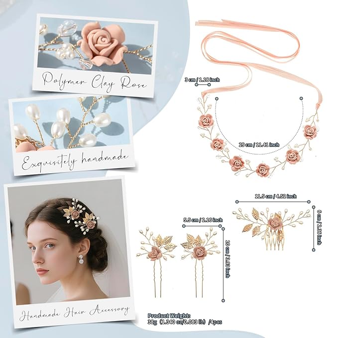 Wedding Hair Accessories Hair pieces Set Crystal bridal hair pins Rhinestone Pearl hair comb Brides and Bridesmaids, Girls, Women(（4PCS/SET PINK)