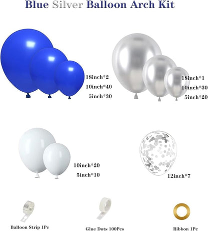160Pcs Royal Blue and Silver Balloon Garland Arch Kit | Navy Blue White Silver - Image 2